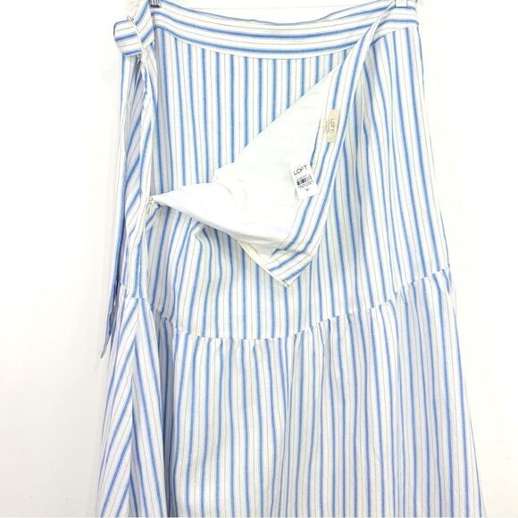LOFT Cream Light Blue Vertical Stripe Linen Side Tie Front Wrap Skirt NEW - Picture 12 of 14